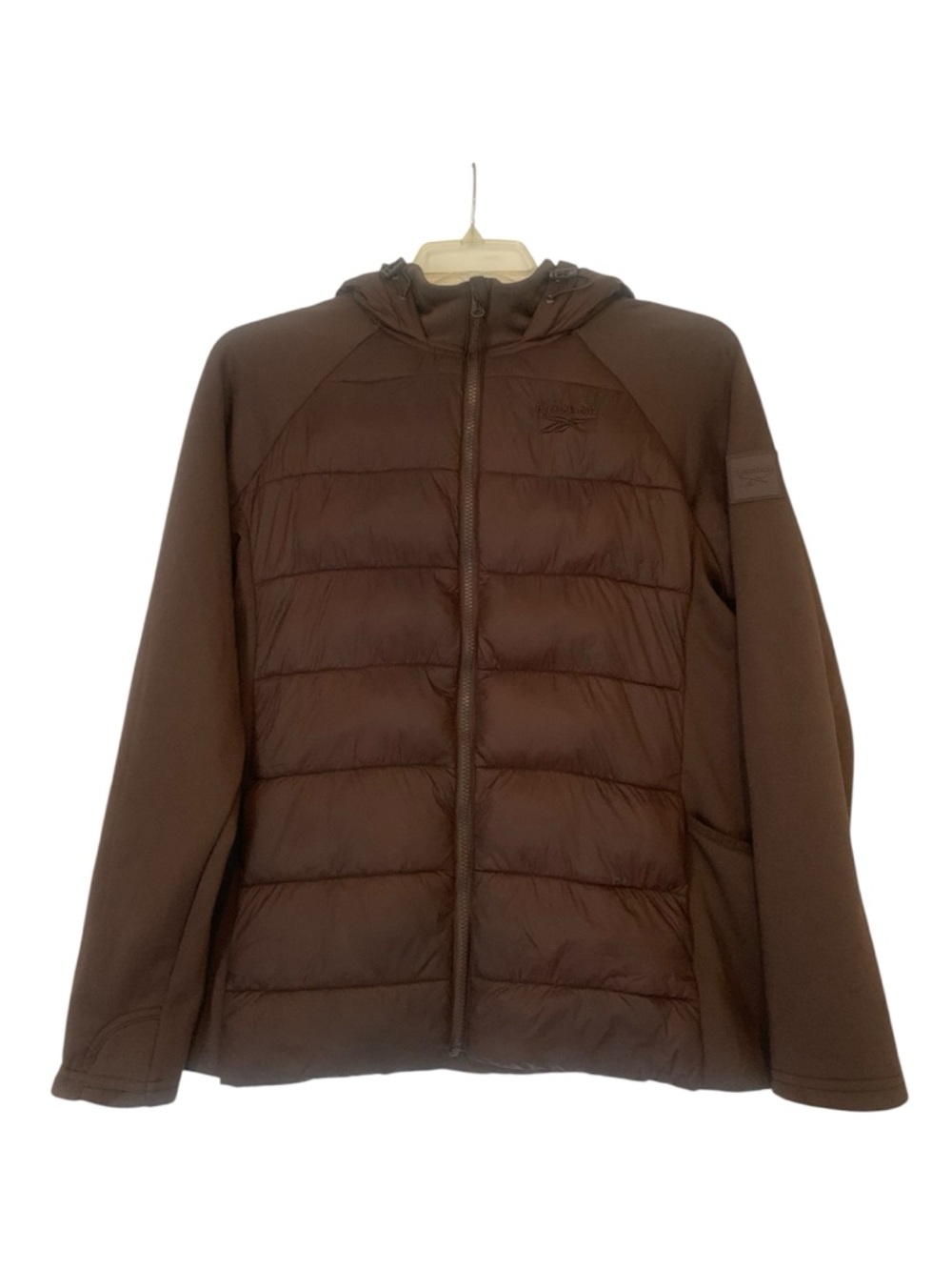 Reebok Women’s Quilted Puffer Jacket Coat Hooded Pockets Brown Stretchy XL